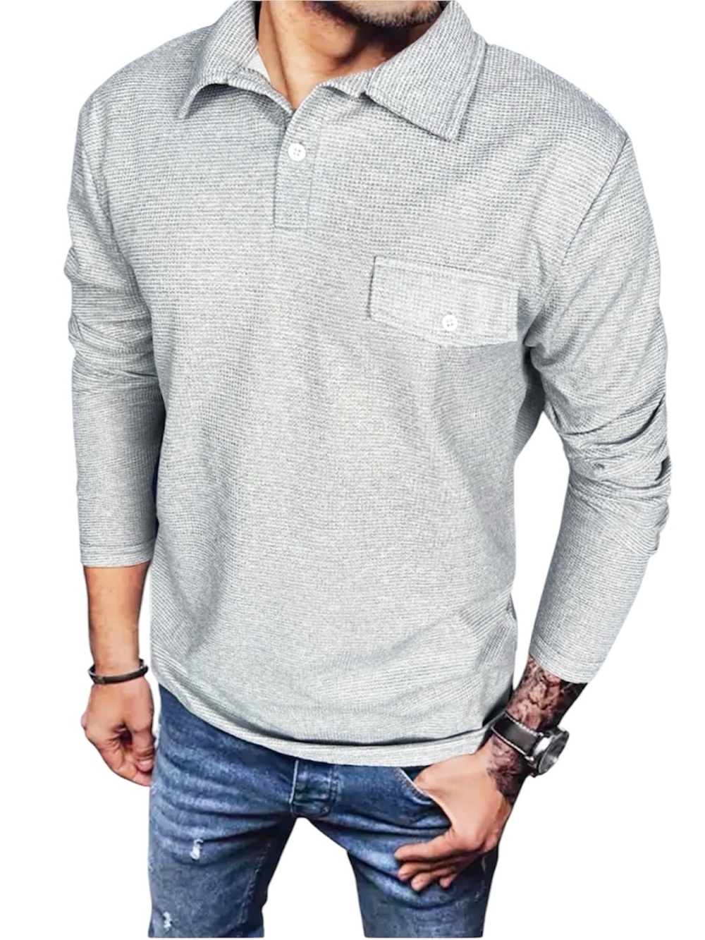 ❤️ 🆕 SHEIN Men's Long-Sleeve Polo Knit Shirt - Light Gray MEDIUM